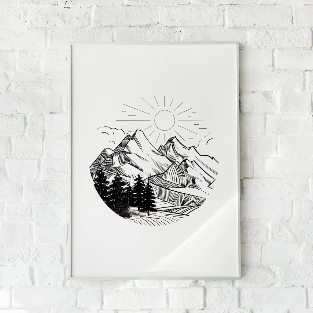 Sort-hvid plakat med en bjergkæde og en central sol.