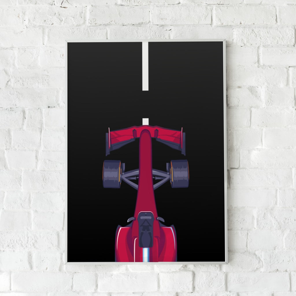 Formel 1-plakat med en frontvisning af en racerbil.
