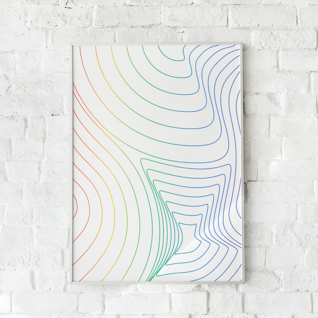 Minimalistisk plakat med bølgende linjer i regnbuefarver.