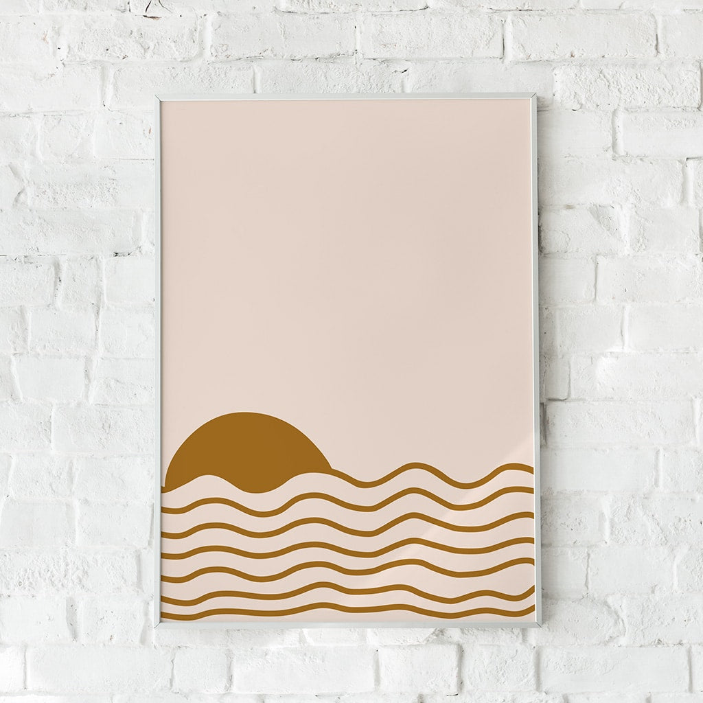 Minimalistisk solopgangsplakat med bløde, varme farver.