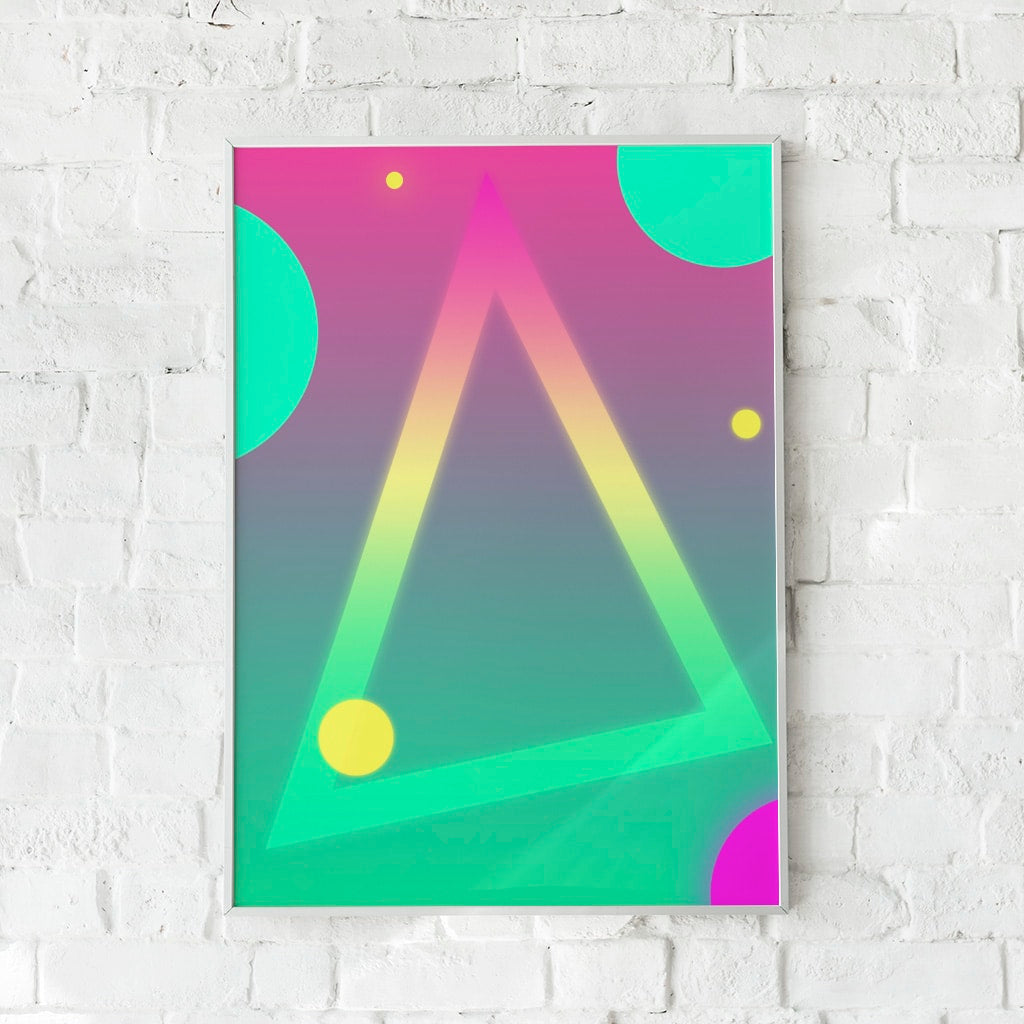 Farverig, neoninspireret plakat med geometriske former.