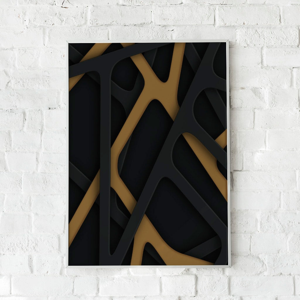 Plakat med et netværk af krydsende linjer i sort og guld.