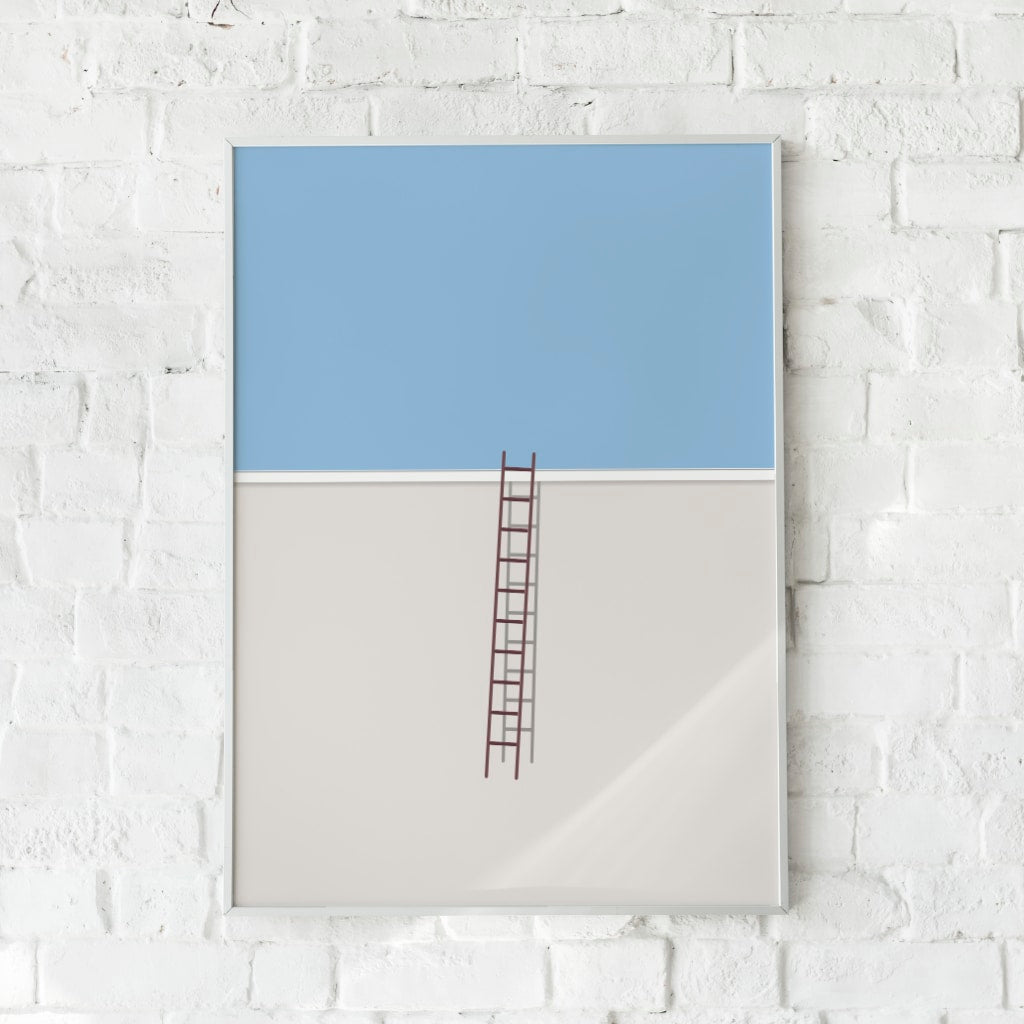 Minimalistisk plakat med en væg og en stige opad.