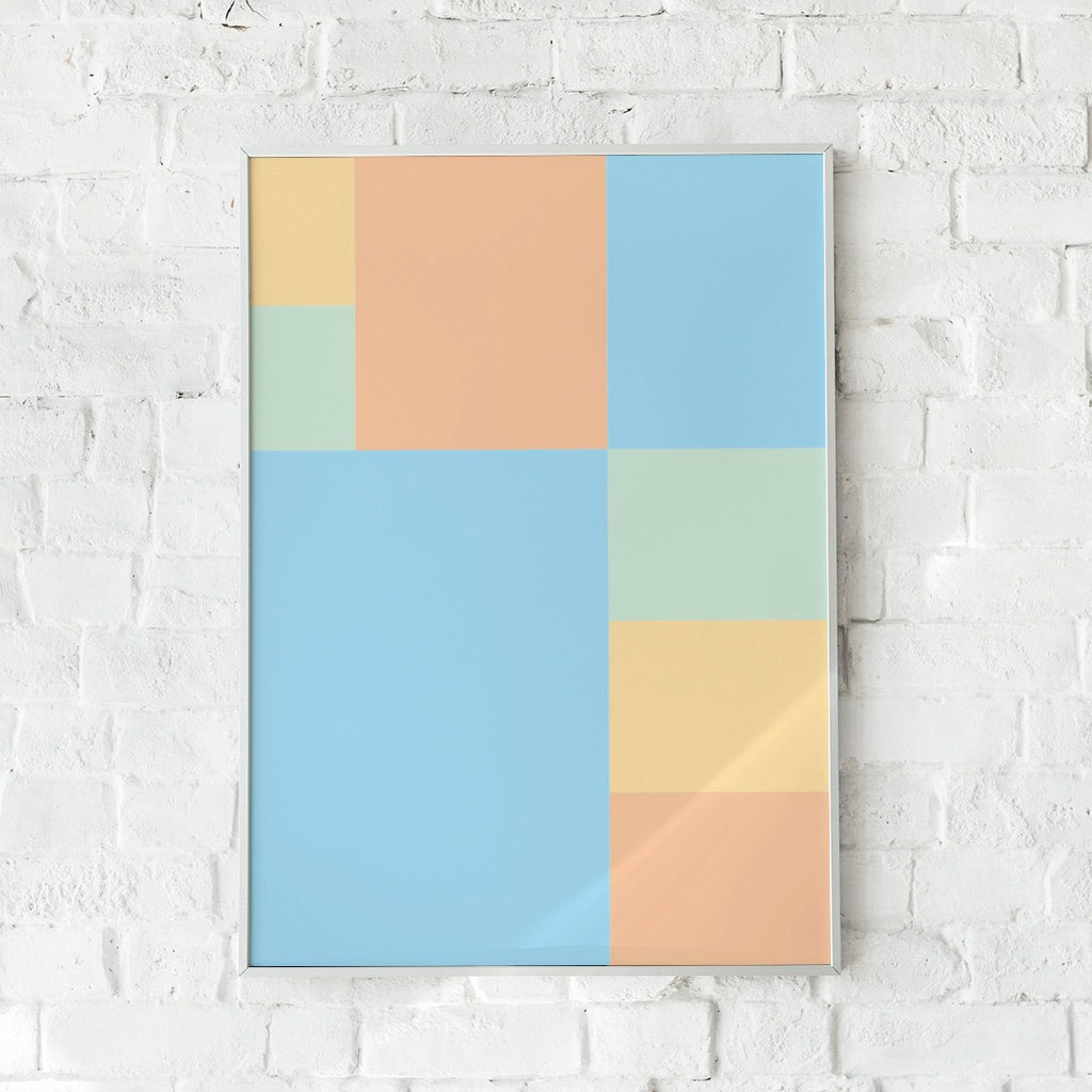 Minimalistisk plakat med geometriske firkanter i pastelfarver.