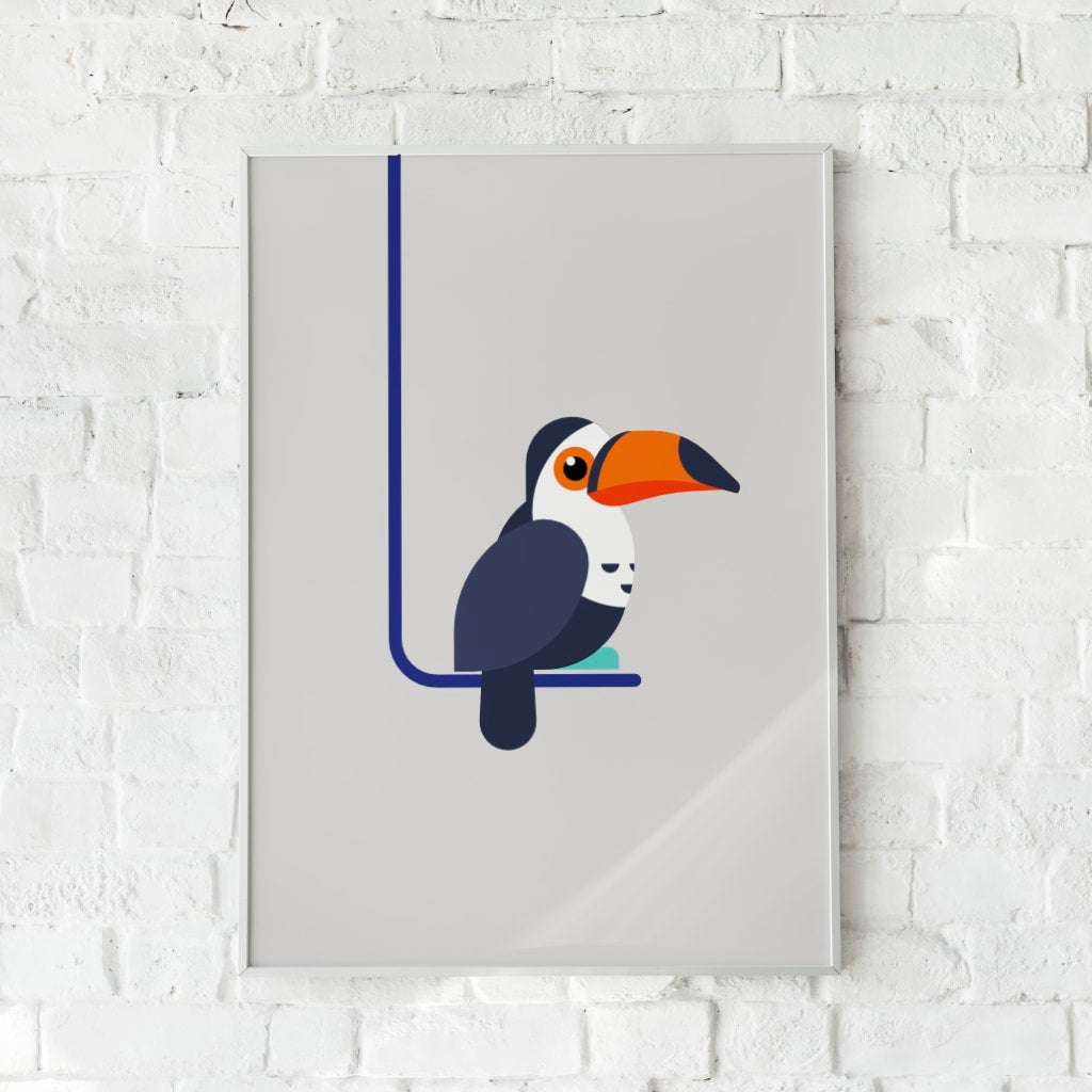 Farverig plakat med en stiliseret tukan på gren.