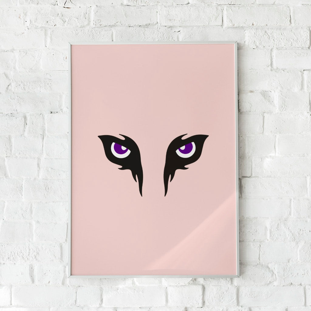 Minimalistisk plakat med lilla øjne på lyserød baggrund.	