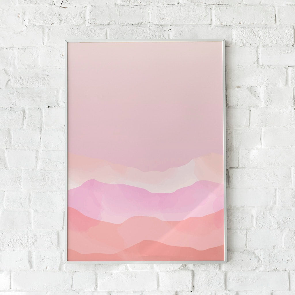 Minimalistisk plakat med rosa landskab og bløde farveovergange.