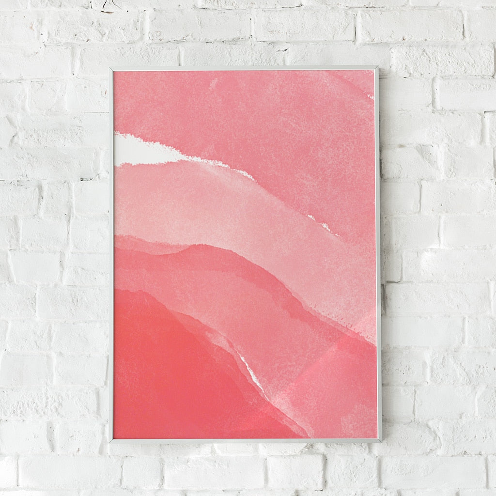 Abstrakt plakat med flydende farver i rosa og koral.	