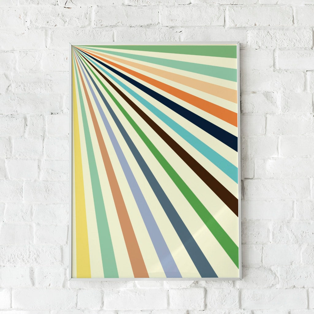Grafisk plakat med diagonale striber i varme og kolde farver.	