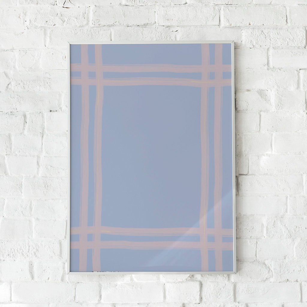 Minimalistisk plakat med vævede linjer i blå nuancer.	