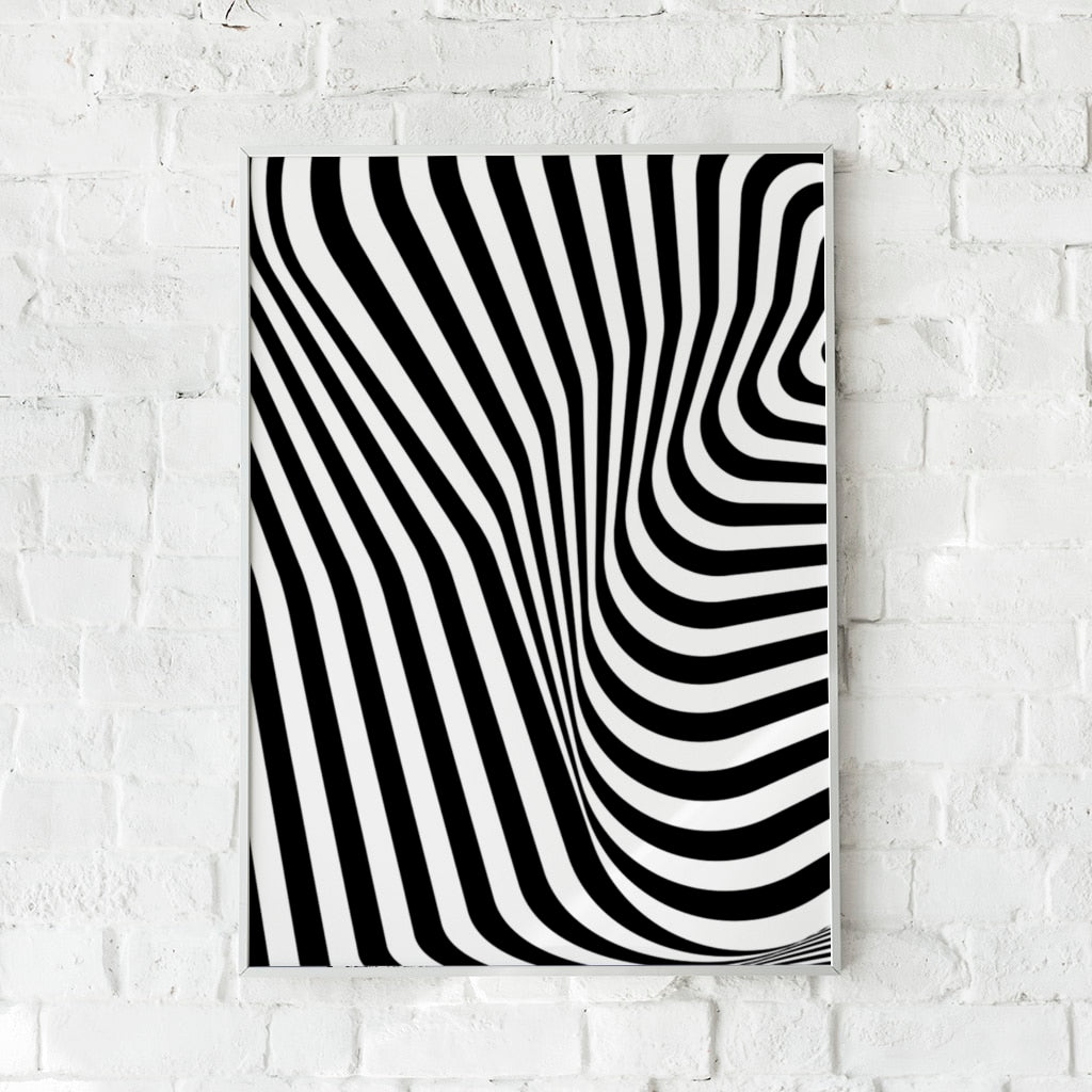 Sort-hvid plakat med abstrakte, bølgende linjer inspireret af zebra-mønsteret.	