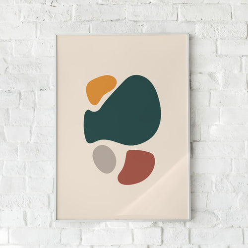 Minimalistisk plakat med geometriske former i grøn, orange og rød – "Abstract #3". En moderne vægdekoration.