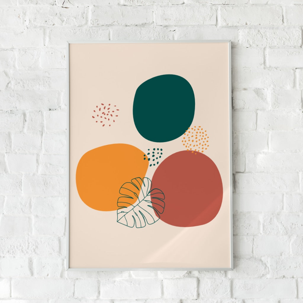 Moderne abstrakt plakat med dybgrøn, terracotta og gyldenorange – "Abstract". En stilfuld vægdekoration.