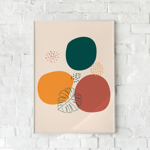 Moderne abstrakt plakat med dybgrøn, terracotta og gyldenorange – "Abstract". En stilfuld vægdekoration.