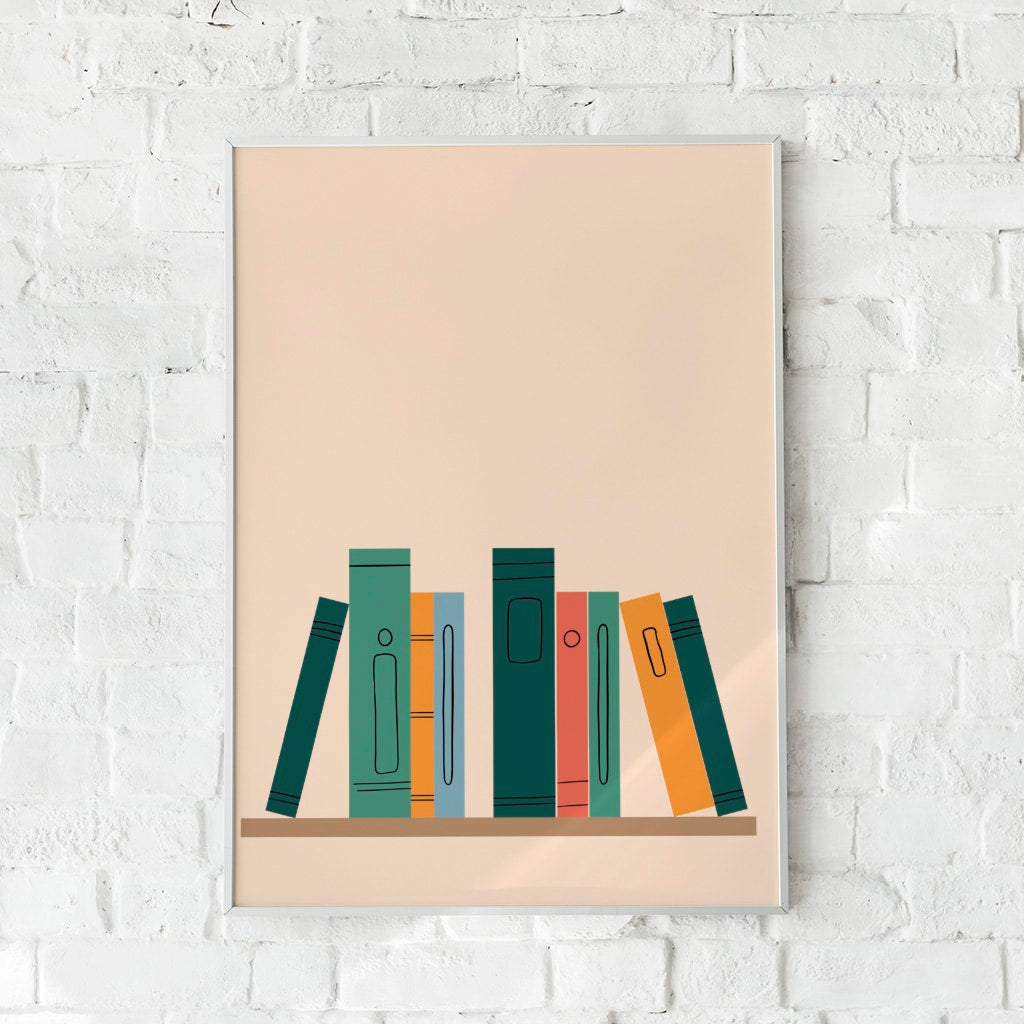 Minimalistisk plakat med en stiliseret boghylde i dæmpede farver – "Bookshelf".