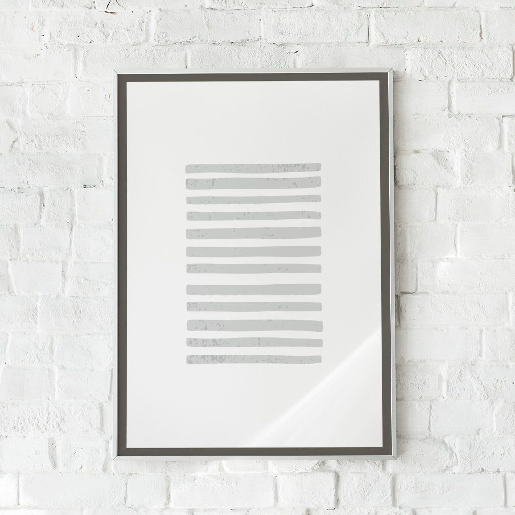 Minimalistisk plakat med grå, horisontale linjer på hvid baggrund – "Contemporary Lines".