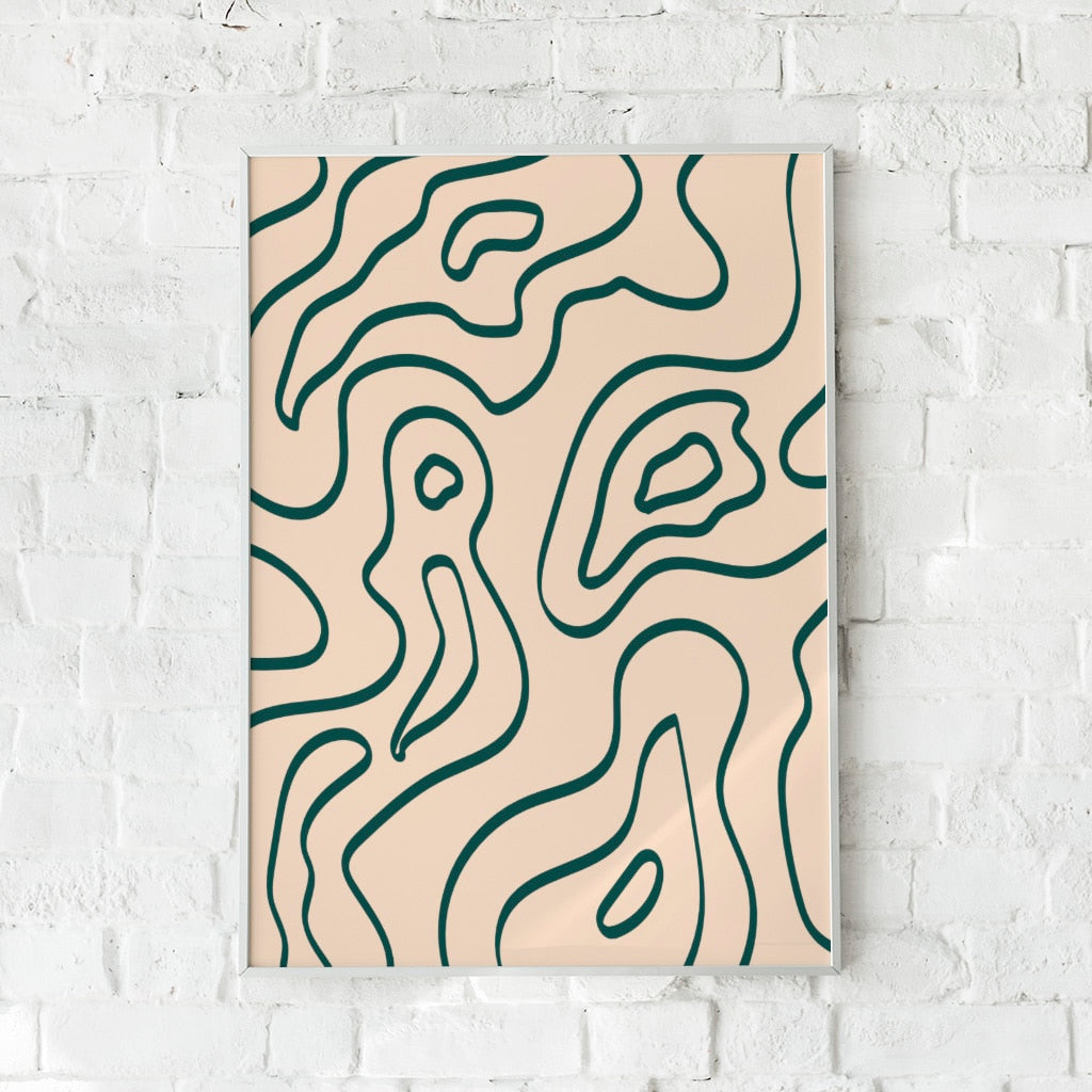 Plakat med bølgende grønne linjer på beige baggrund – "Contour".