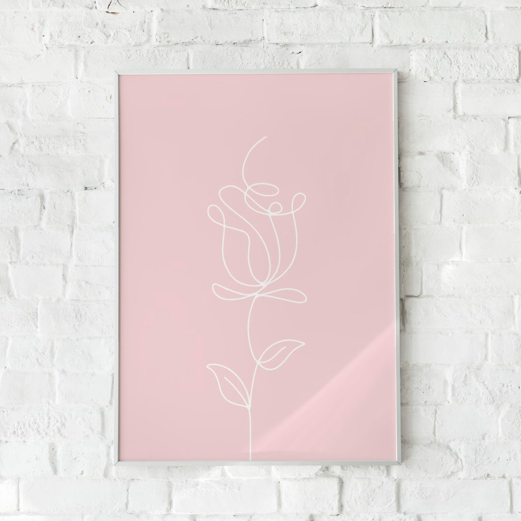 Plakat med en enkel hvid stregtegning af en rose på en lyserød baggrund.