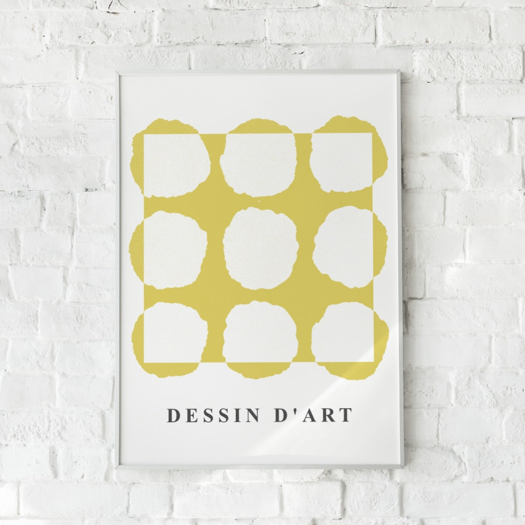 Abstrakt plakat med gule, organisk formede figurer på en hvid baggrund. En kunstnerisk og minimalistisk vægdekoration med moderne flair.