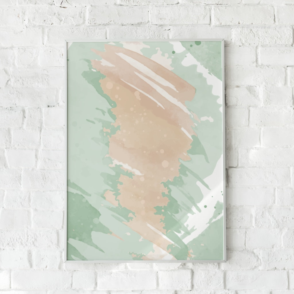 Abstrakt plakat med flydende penselstrøg i grønne og abrikosfarvede nuancer.