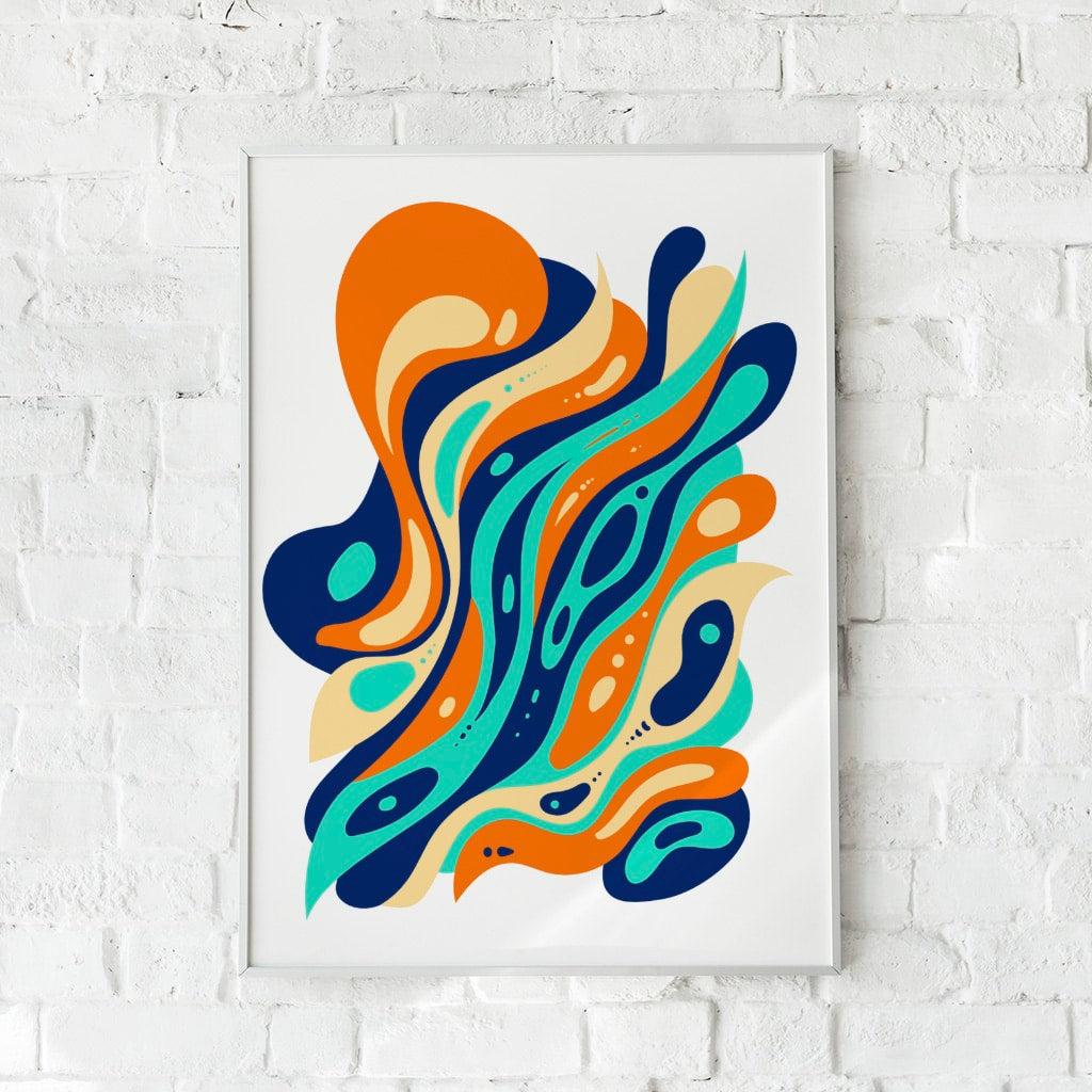 Farverig retro-plakat med abstrakte former i orange, blå og grønne toner.