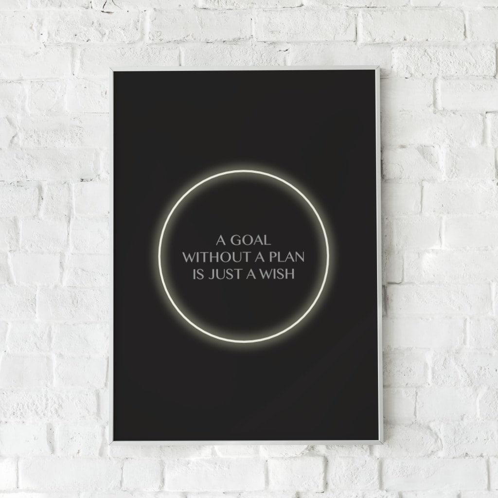 Minimalistisk plakat med en neoncirkel og citatet "A GOAL WITHOUT A PLAN IS JUST A WISH".