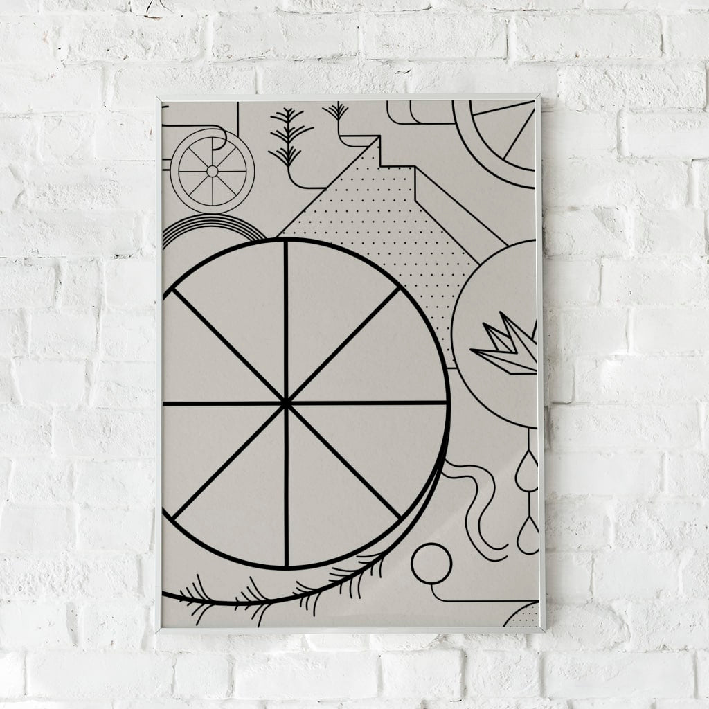 Abstrakt plakat med sorte linjer og geometriske former på en beige baggrund.
