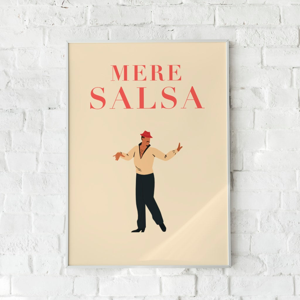 Plakat med en stiliseret salsadanser i rød hat på beige baggrund.