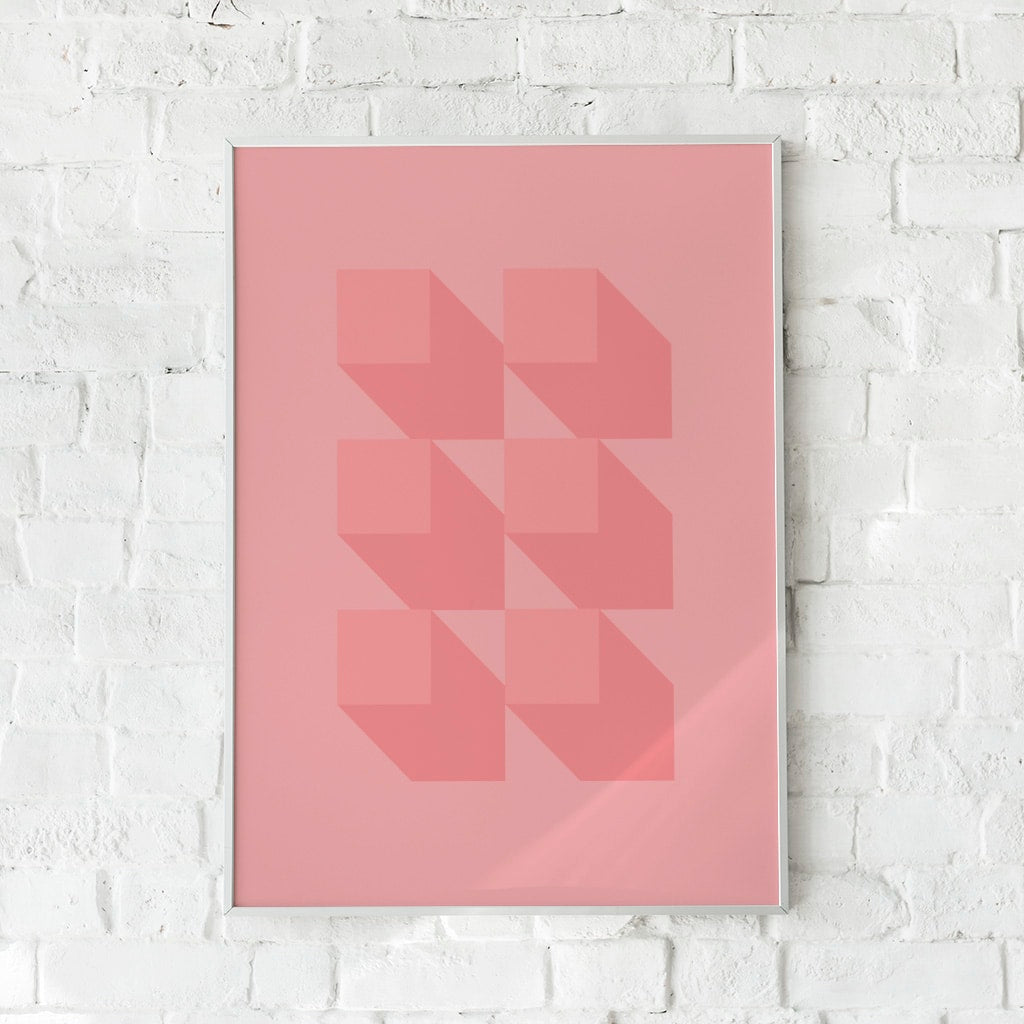 Geometrisk plakat med tredimensionelle former i rosa nuancer. Perfekt til moderne vægkunst.