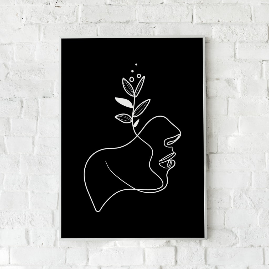 Kunstplakat med en hvid stregtegning af et menneske med en plante i hovedet på en sort baggrund.