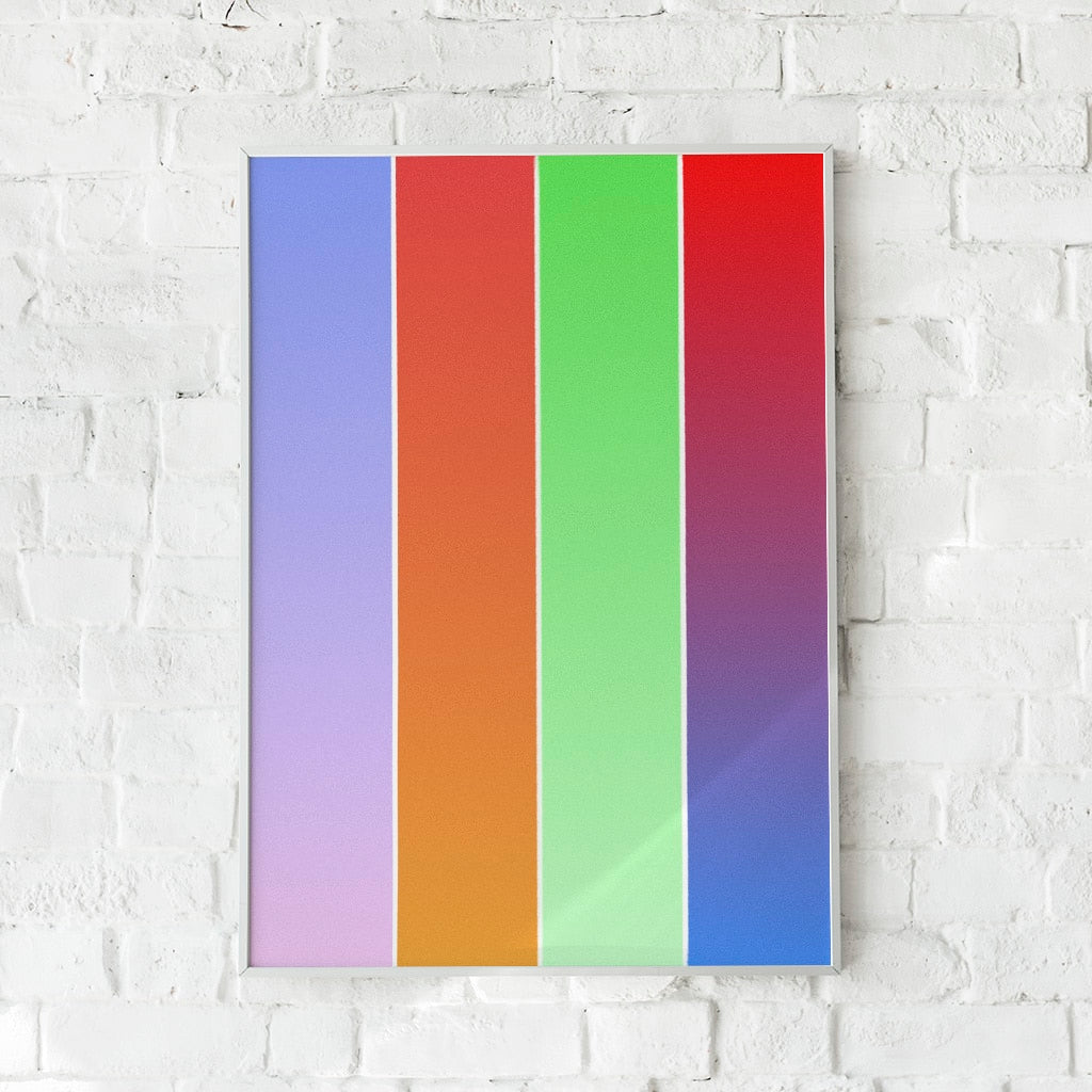 Farverig plakat med vertikale gradientfarver i blå, grøn, orange og pink.