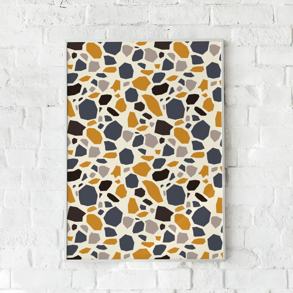 Plakat inspireret af klassisk terrazzo-mønster i jordfarver.