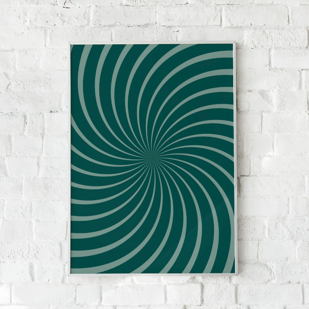 Plakat med hypnotiske spiraler i grønne og grå toner.	